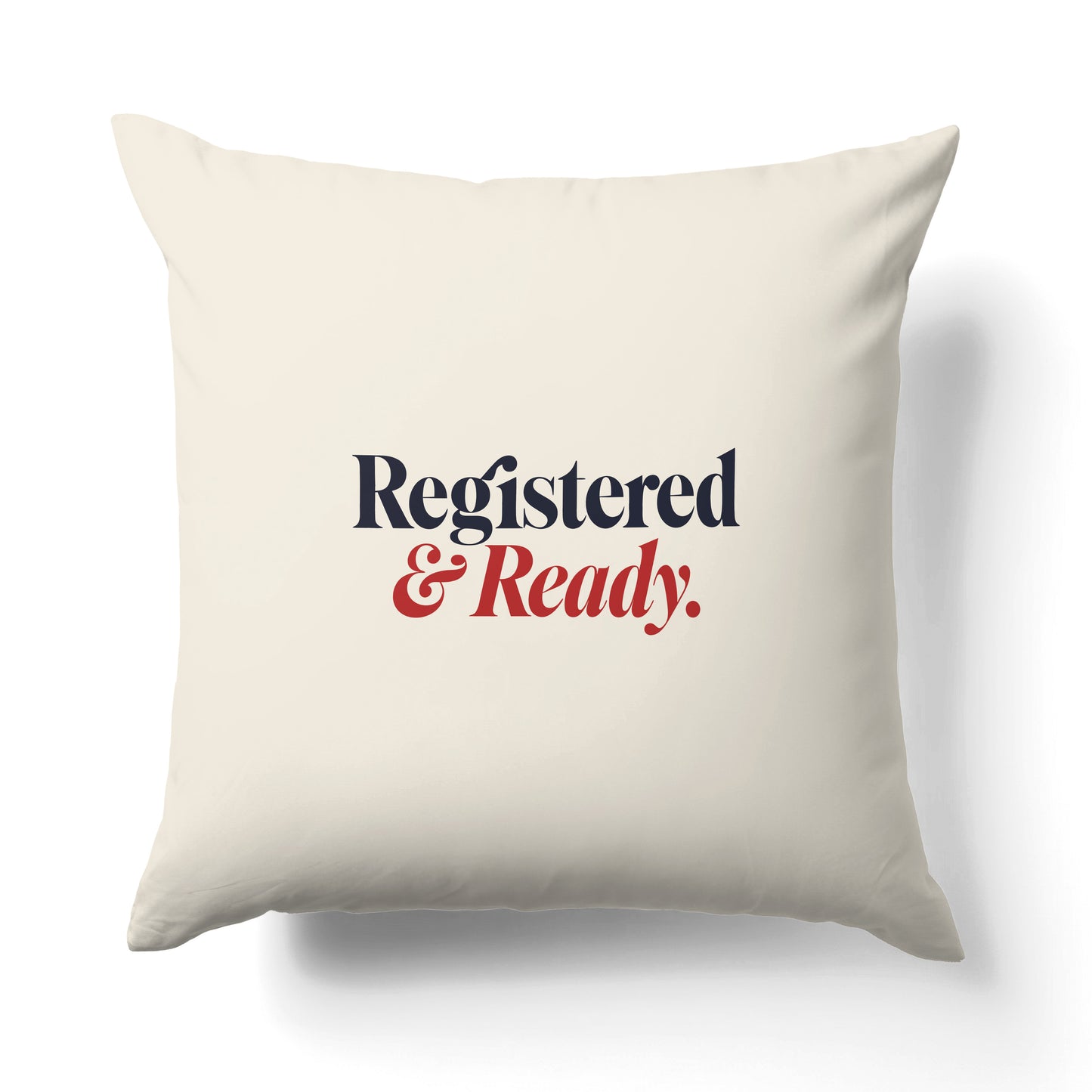 "Registered and ready." — Quorum Pillow on Penguin Red canvas