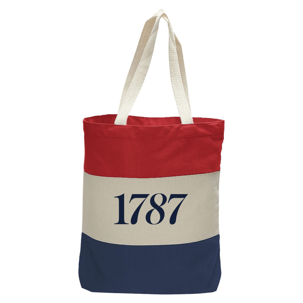 "1787.", Quorum Tri-Color Canvas Tote in red, natural, and navy panelled cotton canvas