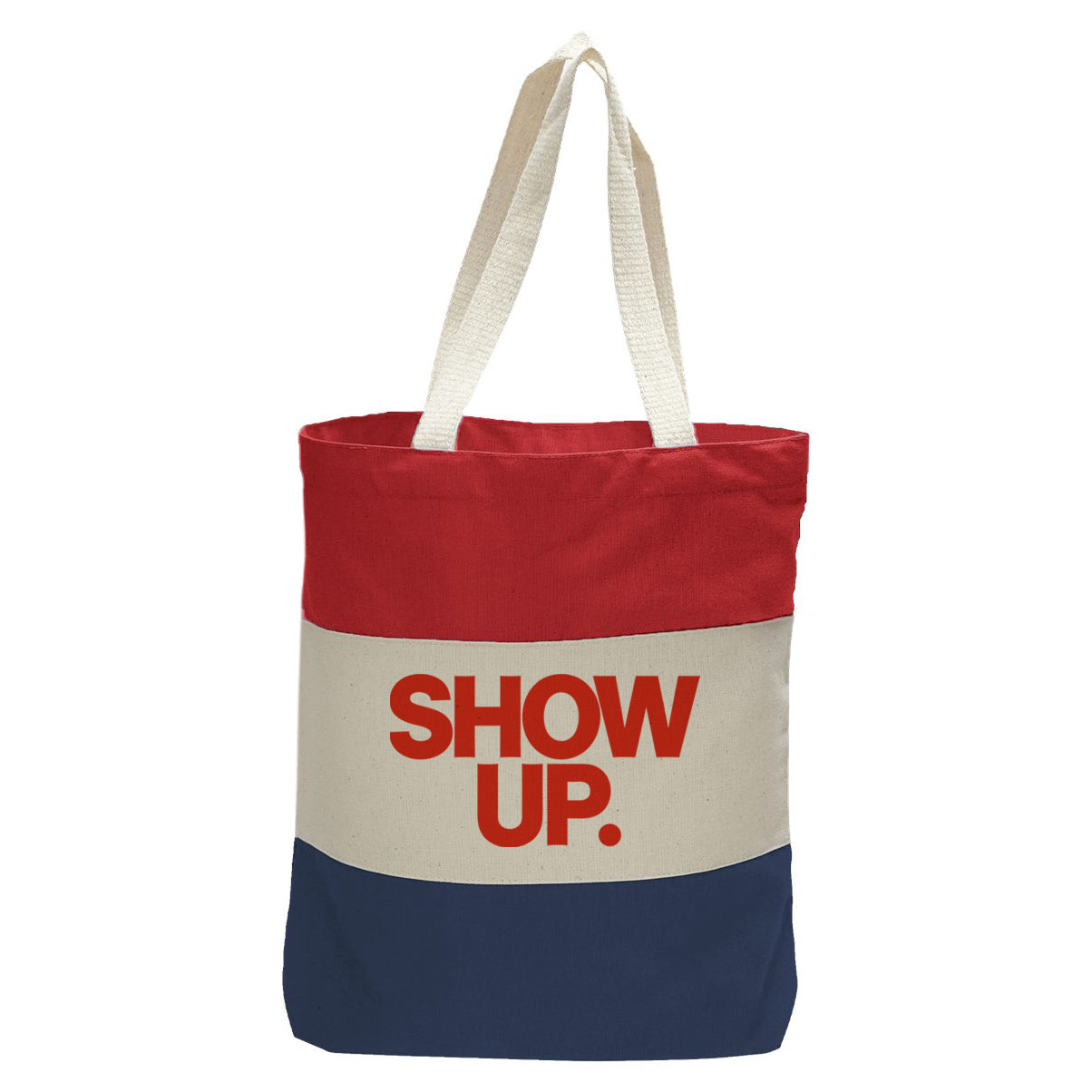 "Show Up. Vote.", Quorum Tri-Color Canvas Tote in red, natural, and navy panelled cotton canvas