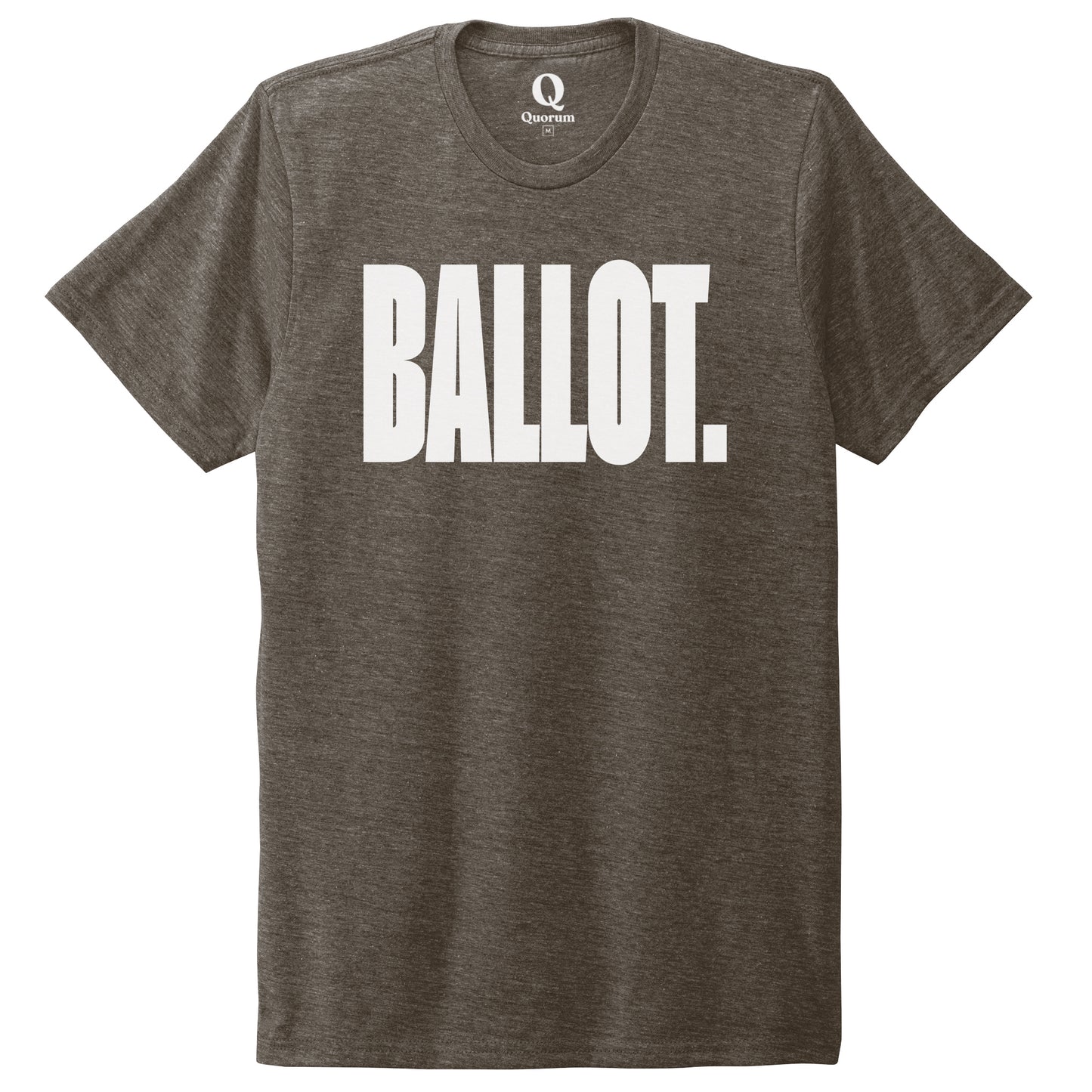 "Ballot." Quorum Unisex Tri-Blend Tee editorial print in Earthy Brown