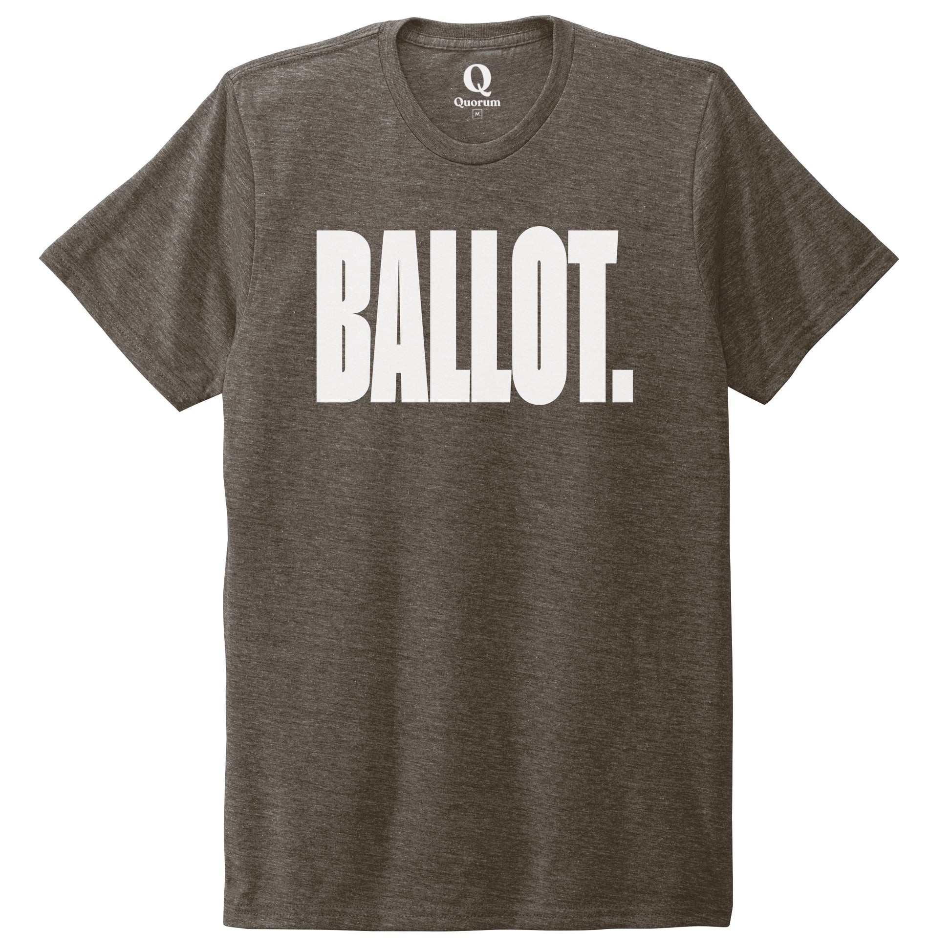 "Ballot." Quorum Unisex Tri-Blend Tee editorial print in Earthy Brown