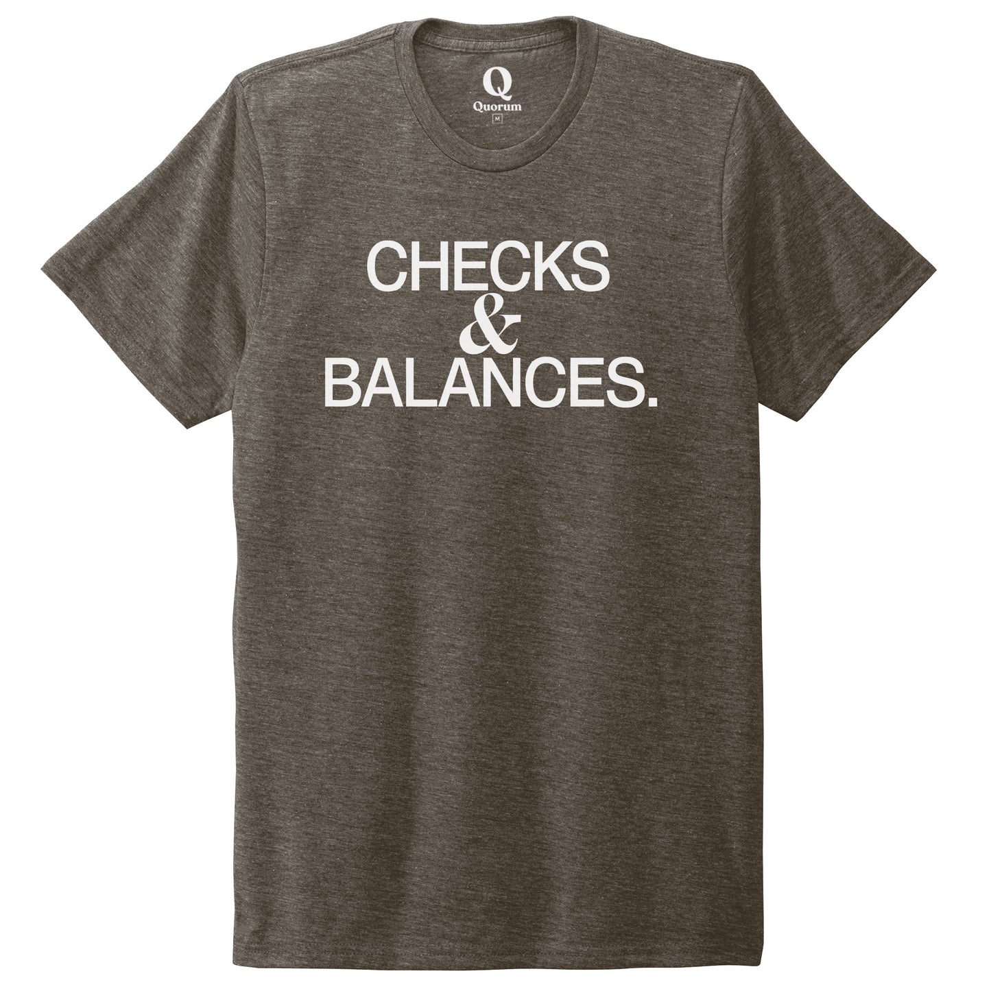 "Checks & Balances." Quorum Unisex Tri-Blend Tee editorial print in Earthy Brown
