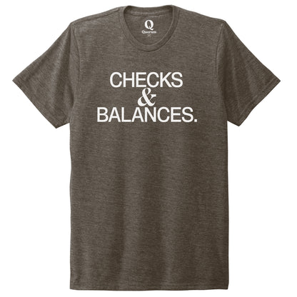 "Checks & Balances." Quorum Unisex Tri-Blend Tee editorial print in Earthy Brown