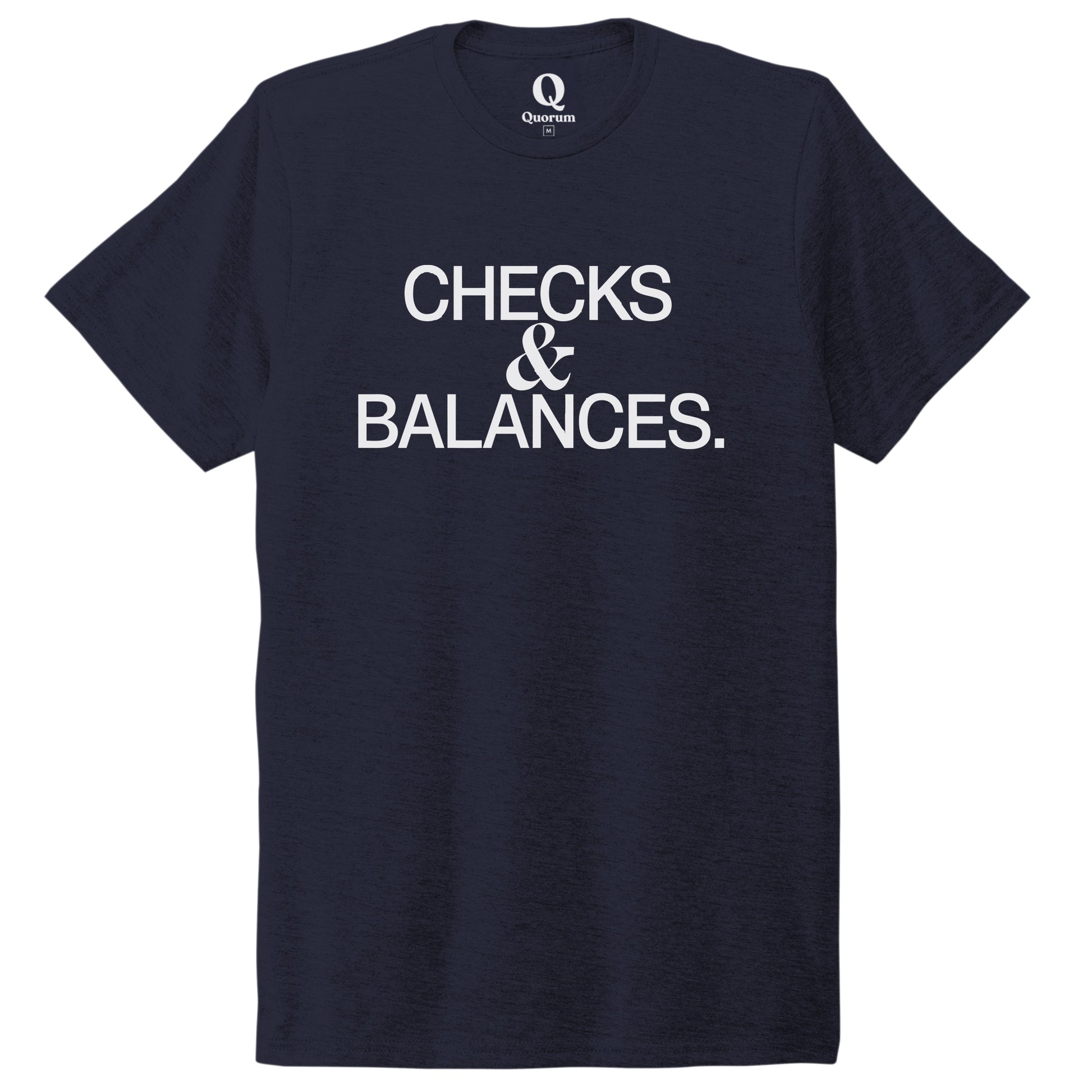 "Checks & Balances." Quorum Unisex Tri-Blend Tee editorial print in Night Sky Navy