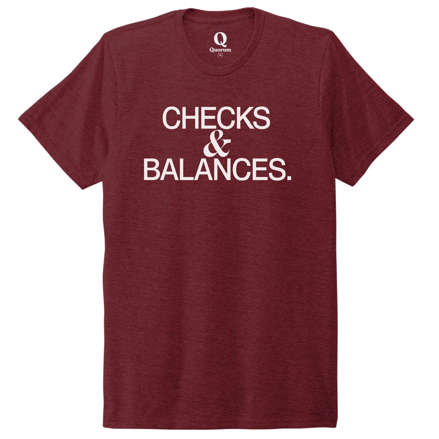 "Checks & Balances." Quorum Unisex Tri-Blend Tee editorial print in Vino Red