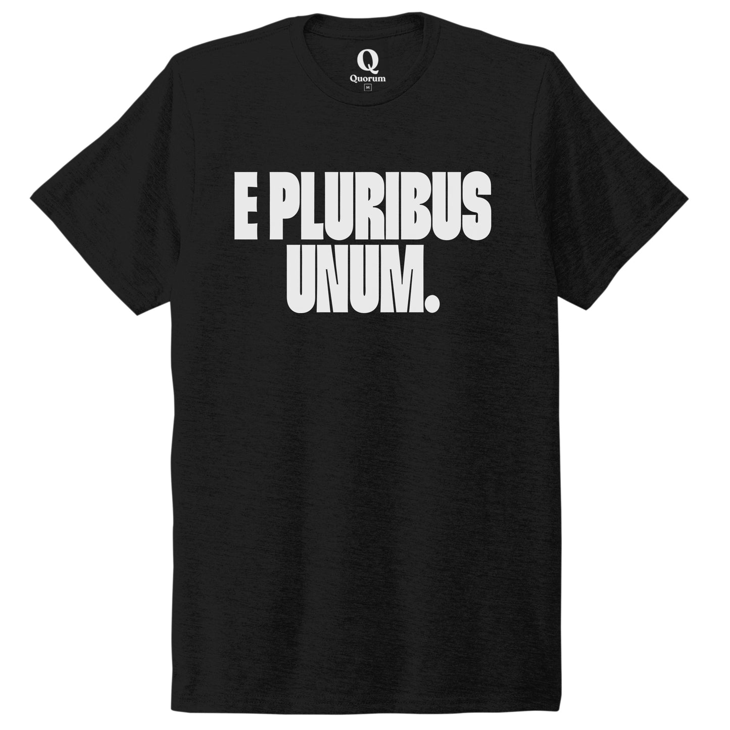 "E Pluribus Unum." Quorum Unisex Tri-Blend Tee editorial print in Deep Black