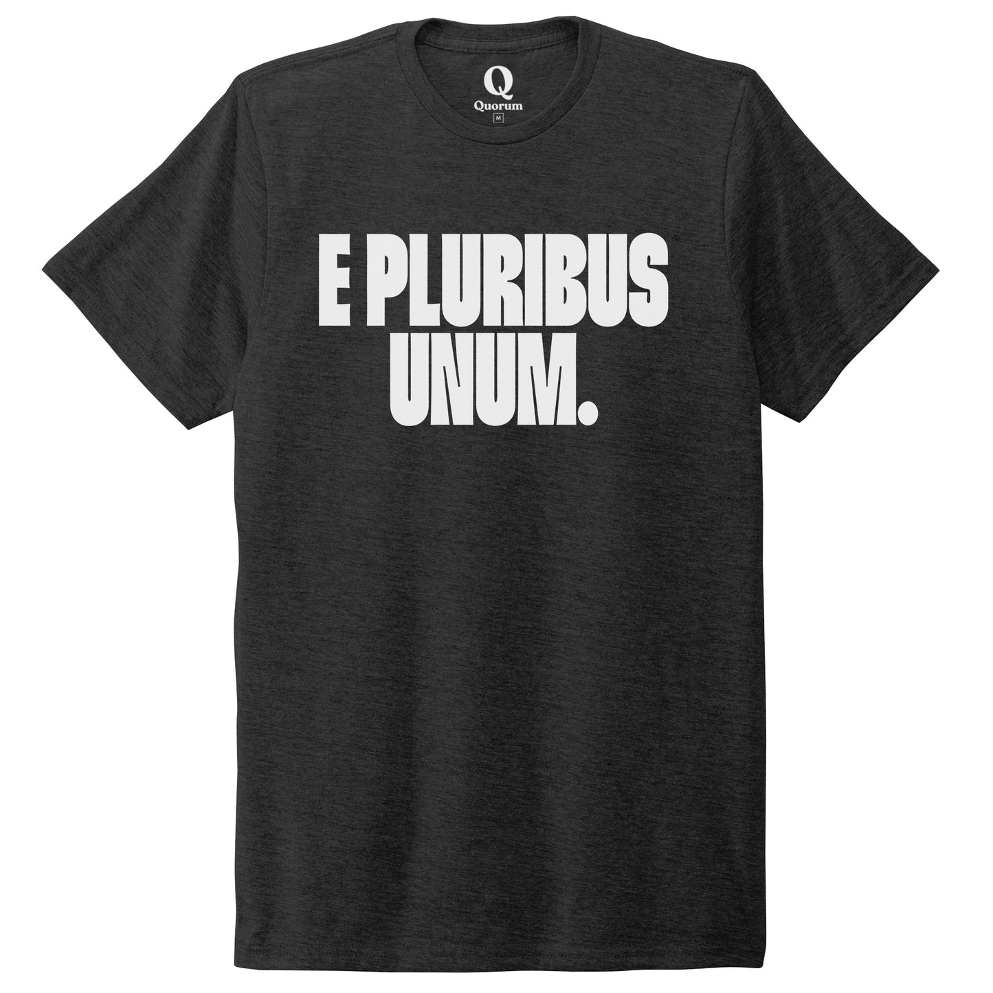 "E Pluribus Unum." Quorum Unisex Tri-Blend Tee editorial print in Space Black