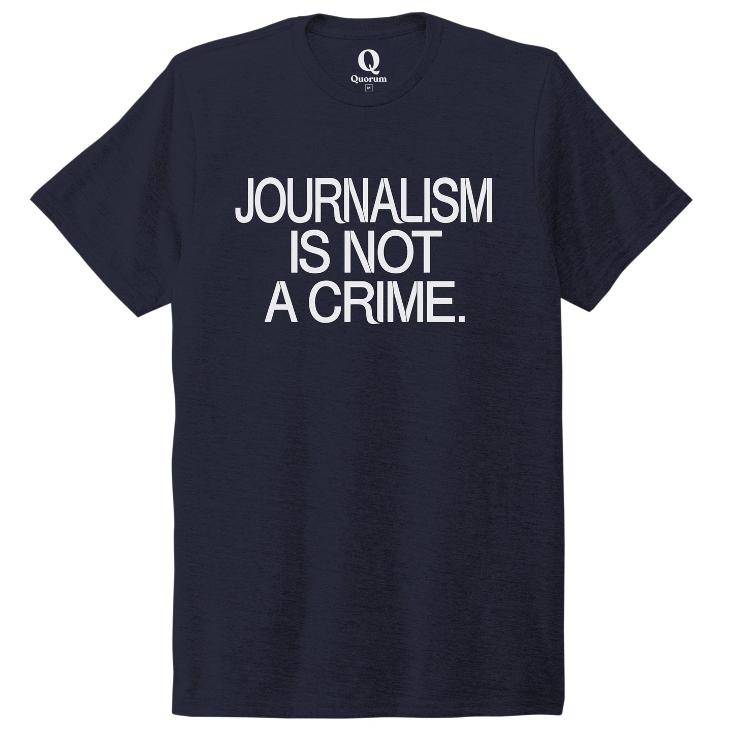 "Journalism is not a crime." Quorum Unisex Tri-Blend Tee editorial print in Night Sky Navy