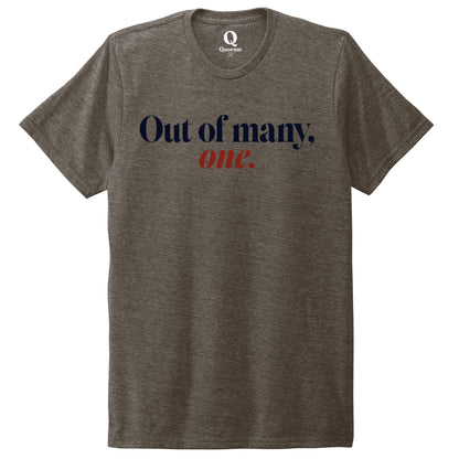 "Out of many, one." Quorum Unisex Tri-Blend Tee front print in Earthy Brown