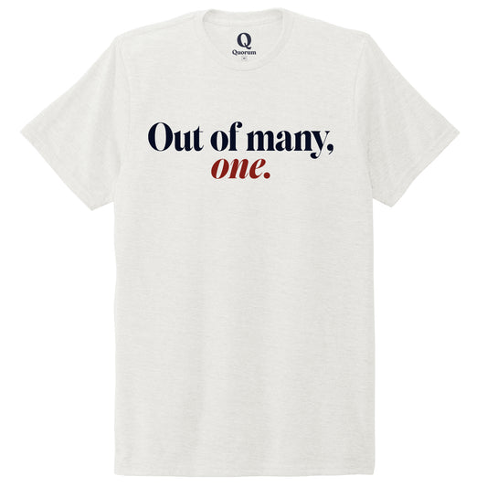 "Out of many, one." Quorum Unisex Tri-Blend Tee front print in Fairly White