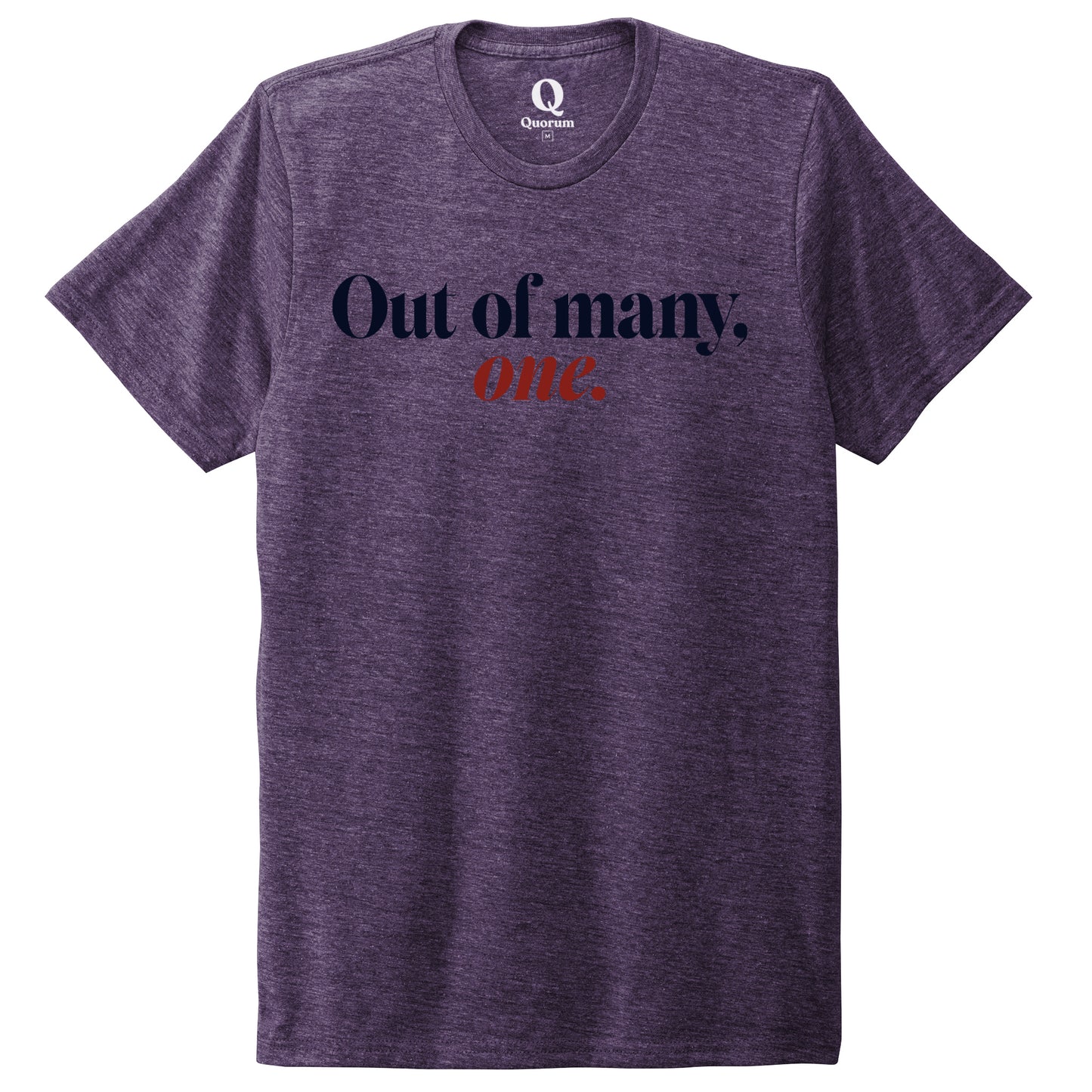 "Out of many, one." Quorum Unisex Tri-Blend Tee front print in Huckleberry