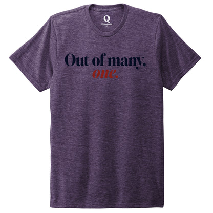 "Out of many, one." Quorum Unisex Tri-Blend Tee front print in Huckleberry