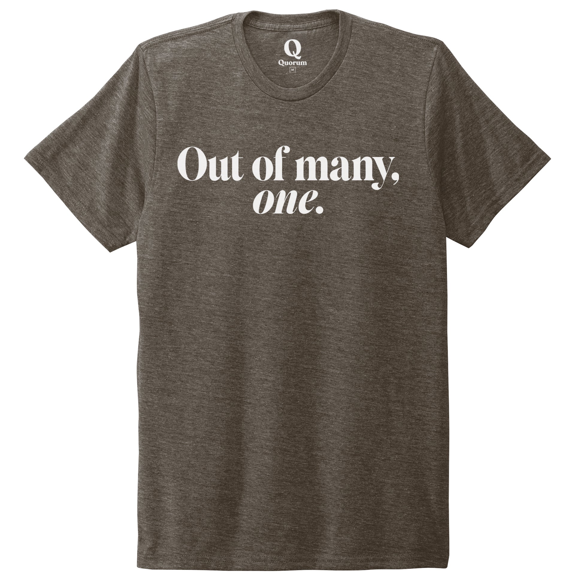 "Out of many, one." Quorum Unisex Tri-Blend Tee editorial print in Earthy Brown