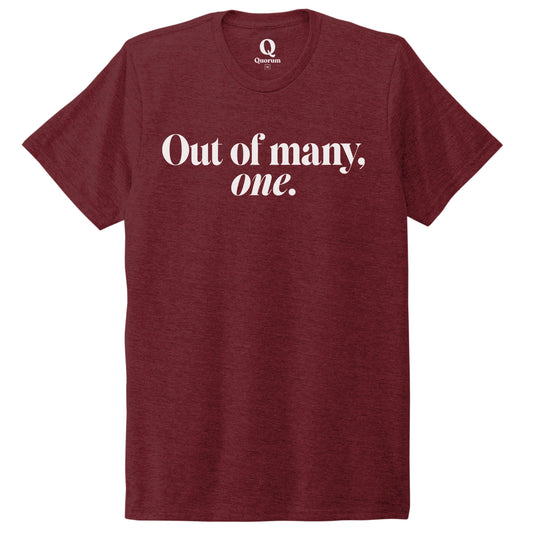 "Out of many, one." Quorum Unisex Tri-Blend Tee editorial print in Vino Red