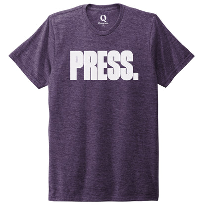 "Press." Quorum Unisex Tri-Blend Tee editorial print in Huckleberry