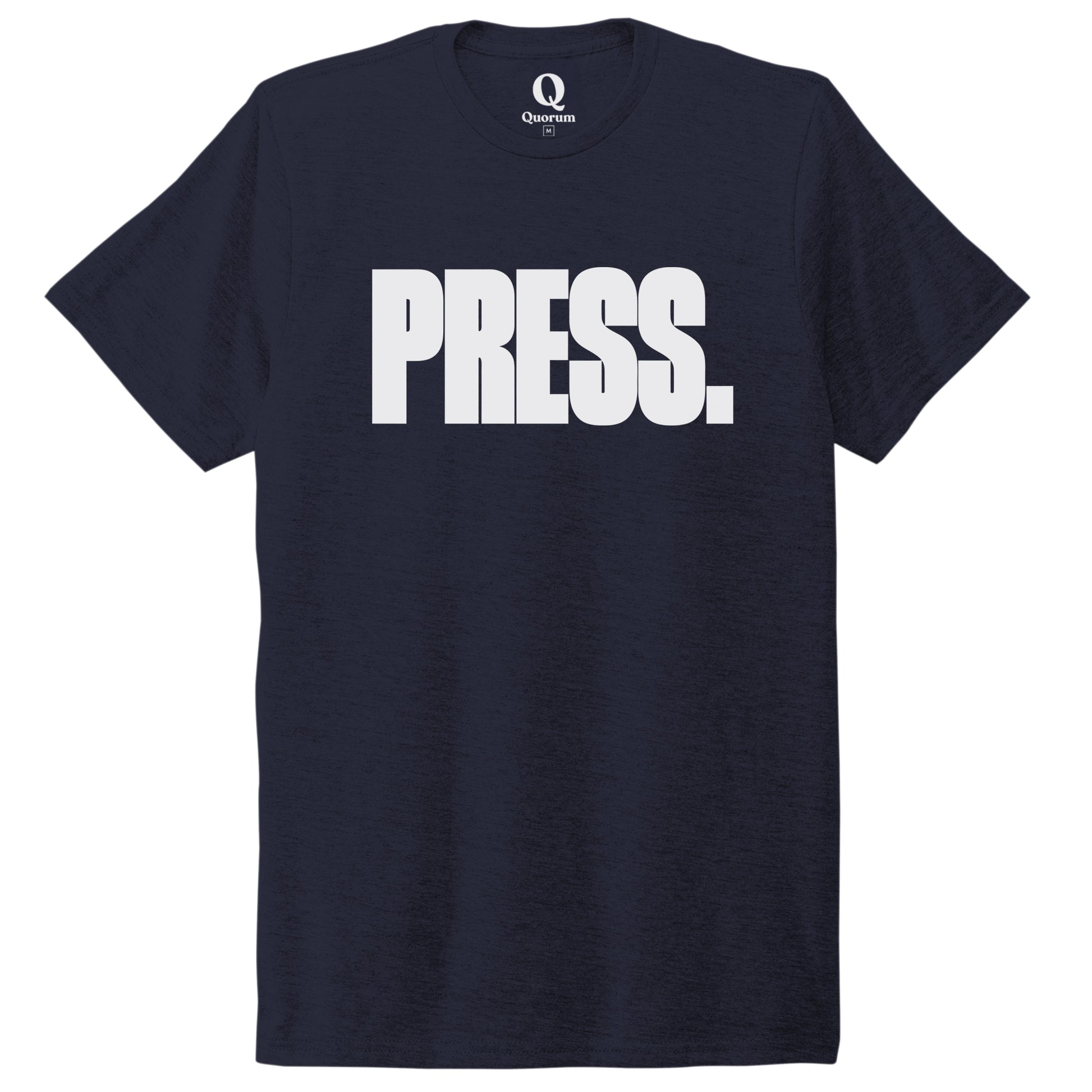 "Press." Quorum Unisex Tri-Blend Tee editorial print in Night Sky Navy