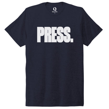 "Press." Quorum Unisex Tri-Blend Tee editorial print in Night Sky Navy