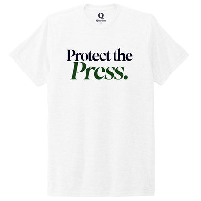 "Protect the Press." Quorum Unisex Tri-Blend Tee front print in Bright White
