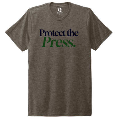"Protect the Press." Quorum Unisex Tri-Blend Tee front print in Earthy Brown