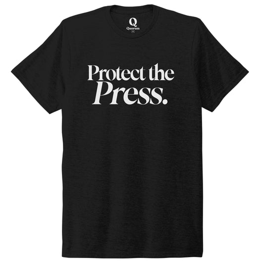 "Protect the Press." Quorum Unisex Tri-Blend Tee editorial print in Deep Black