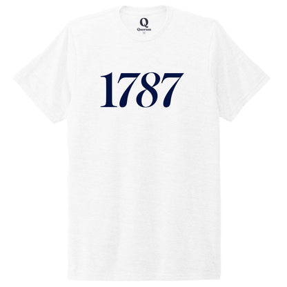 "1787." Quorum Unisex Tri-Blend Tee front print in Bright White
