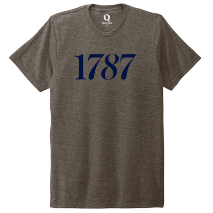 "1787." Quorum Unisex Tri-Blend Tee front print in Earthy Brown