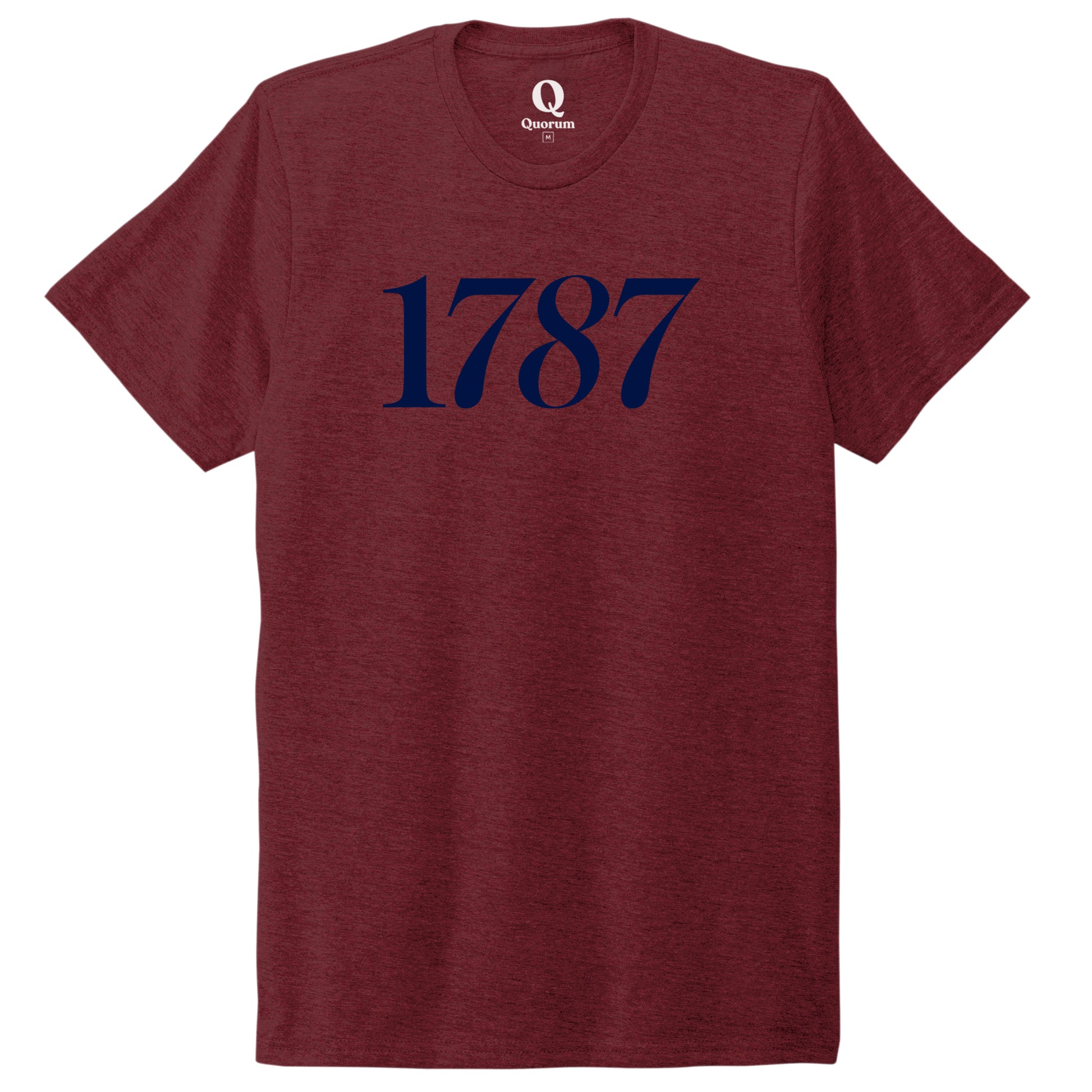 "1787." Quorum Unisex Tri-Blend Tee front print in Vino Red