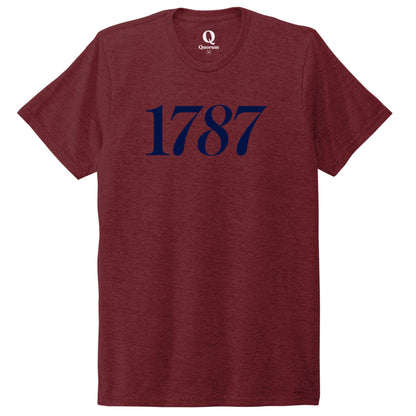 "1787." Quorum Unisex Tri-Blend Tee front print in Vino Red