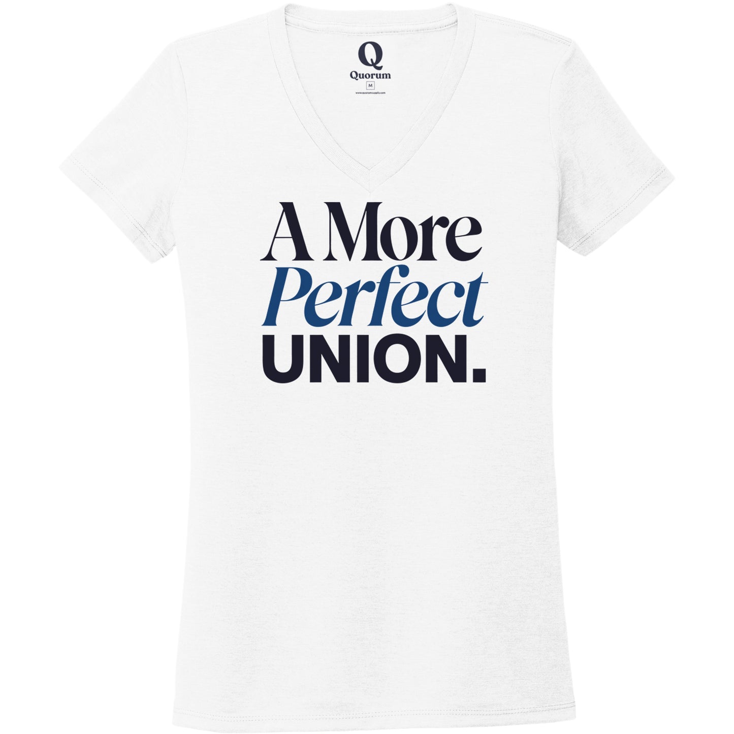 "A More Perfect Union." Quorum Women's Tri-Blend V-Neck front print in Bright White