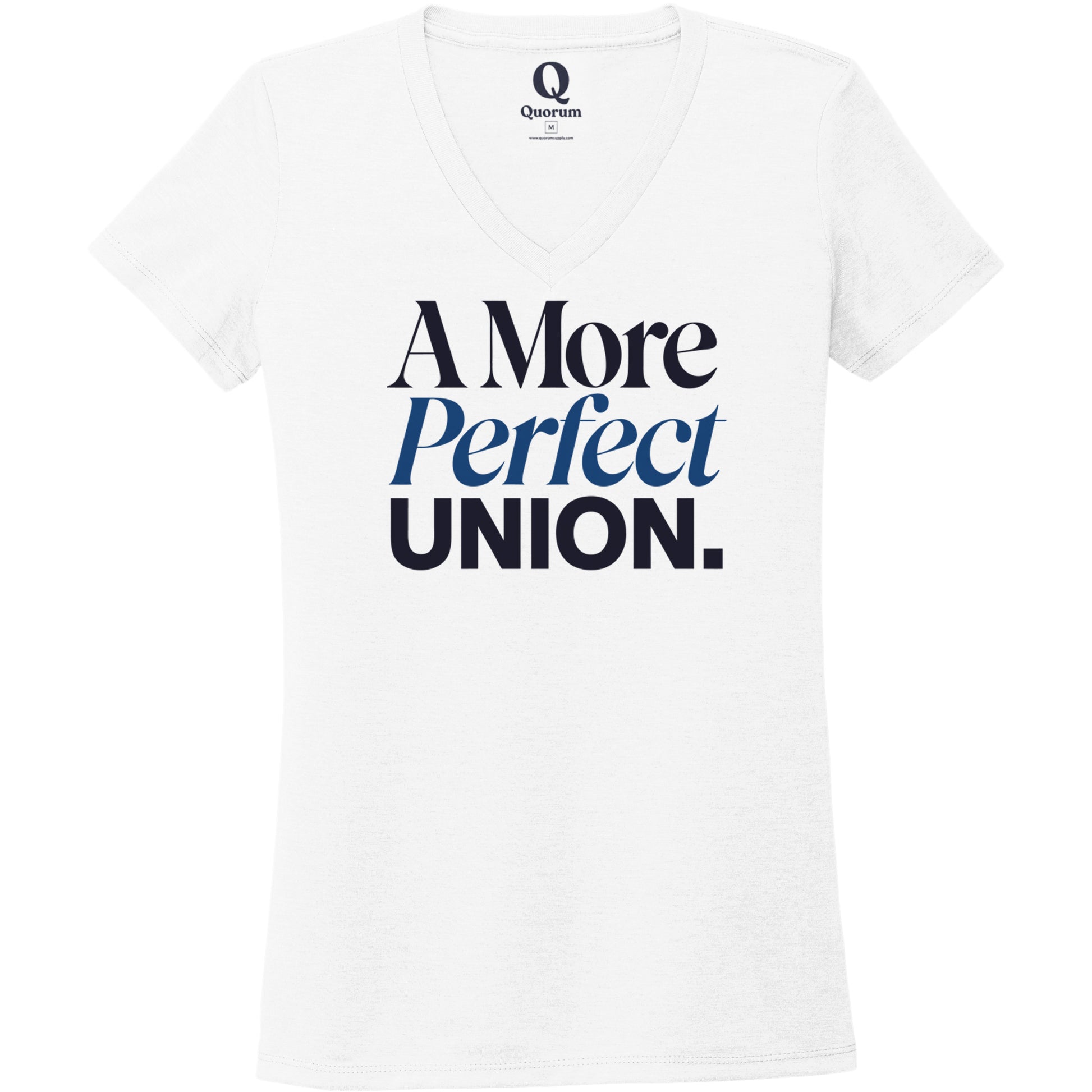 "A More Perfect Union." Quorum Women's Tri-Blend V-Neck front print in Bright White