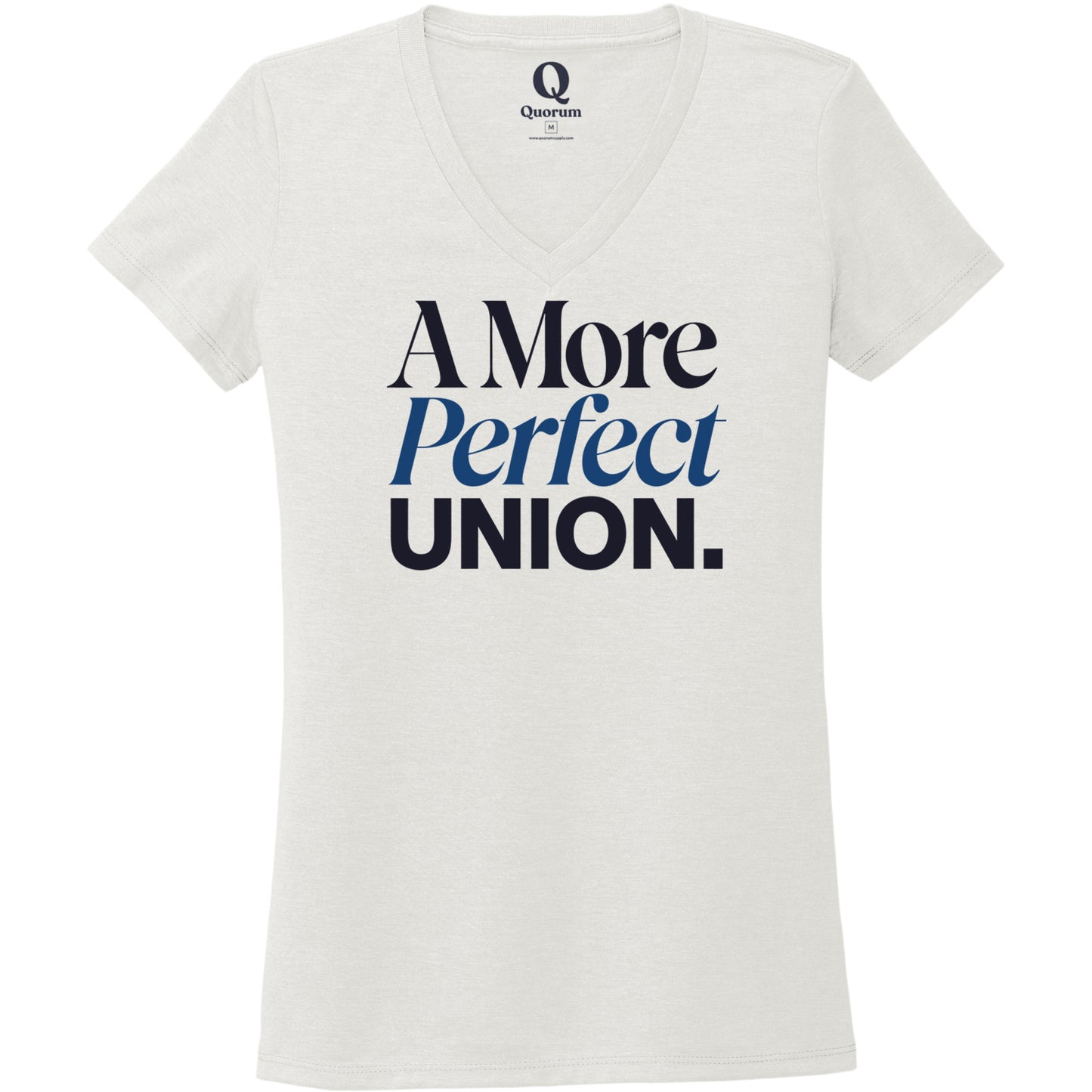 "A More Perfect Union." Quorum Women's Tri-Blend V-Neck front print in Fairly White
