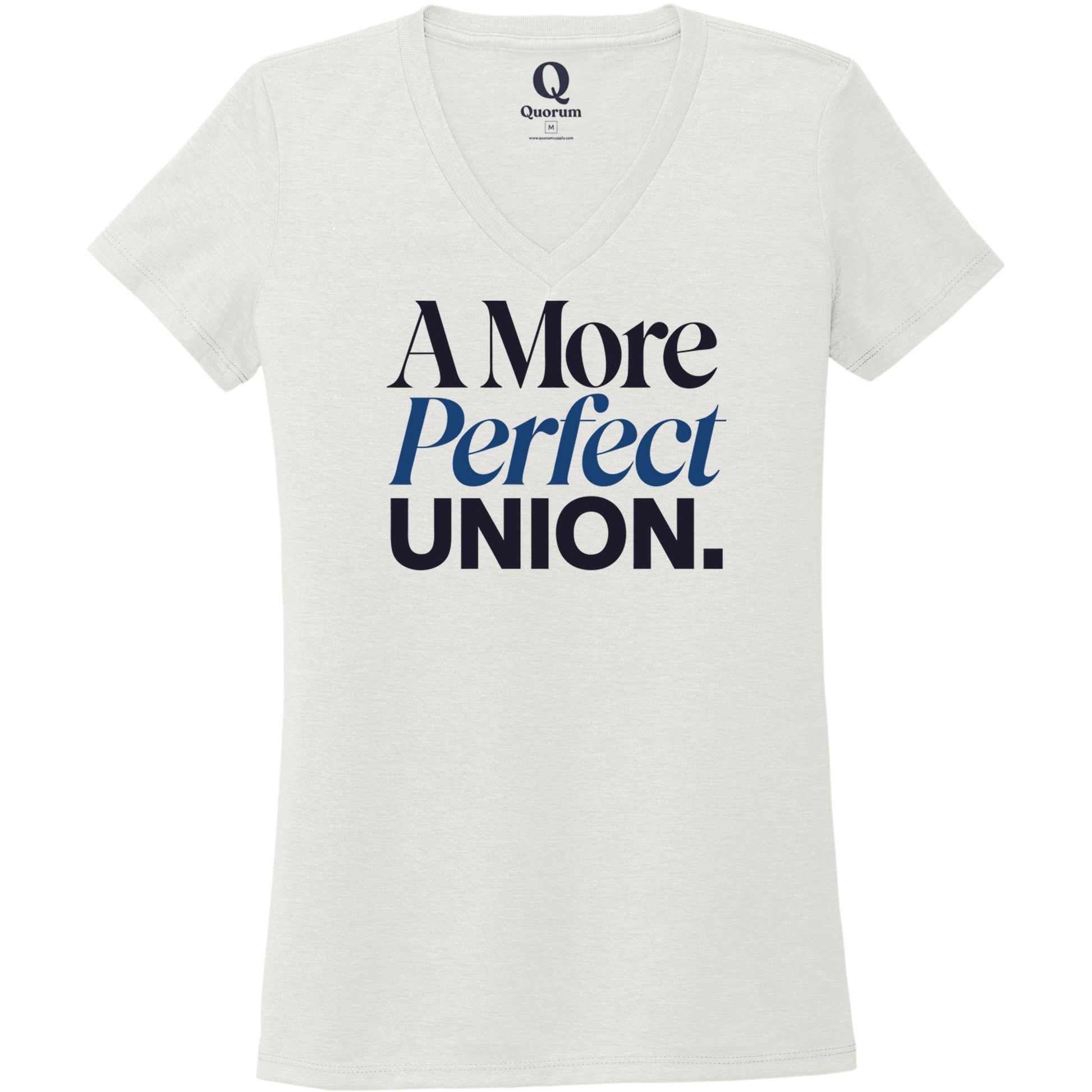 "A More Perfect Union." Quorum Women's Tri-Blend V-Neck front print in Fairly White