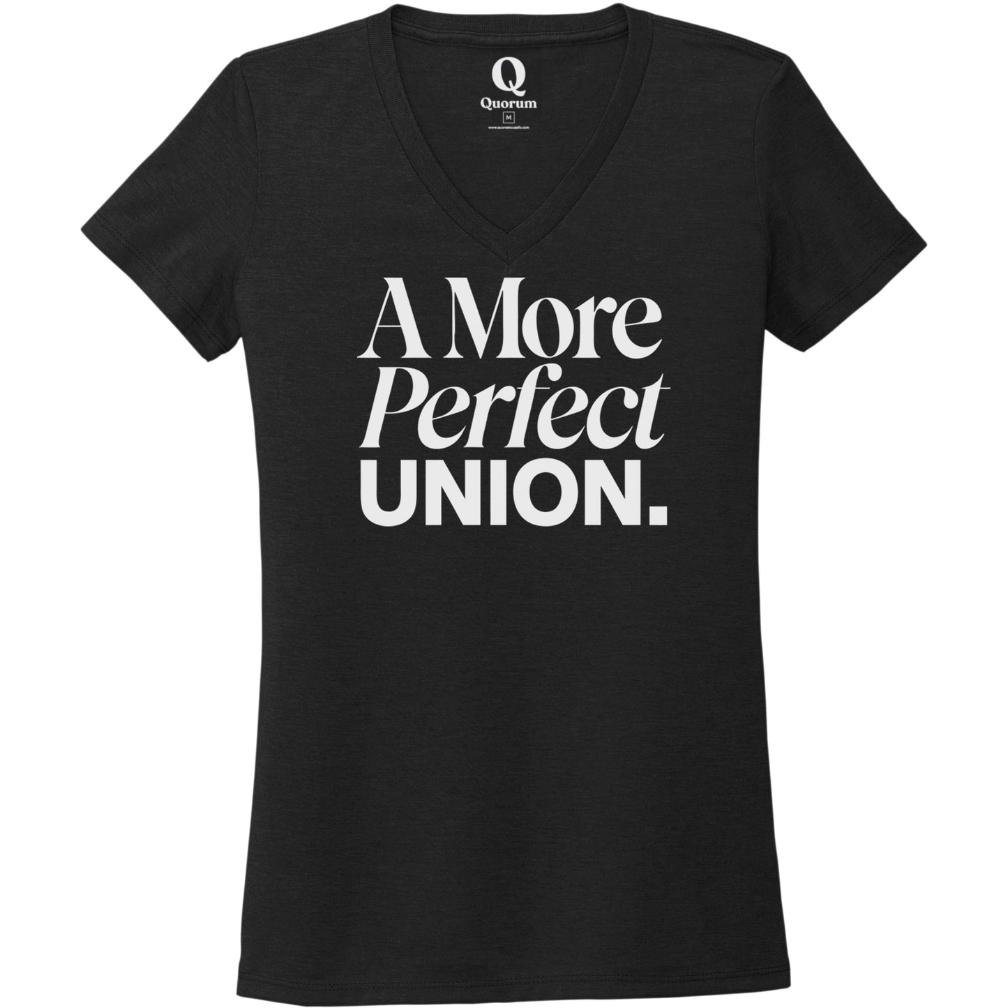 "A More Perfect Union." Quorum Women's Tri-Blend V-Neck editorial print in Deep Black