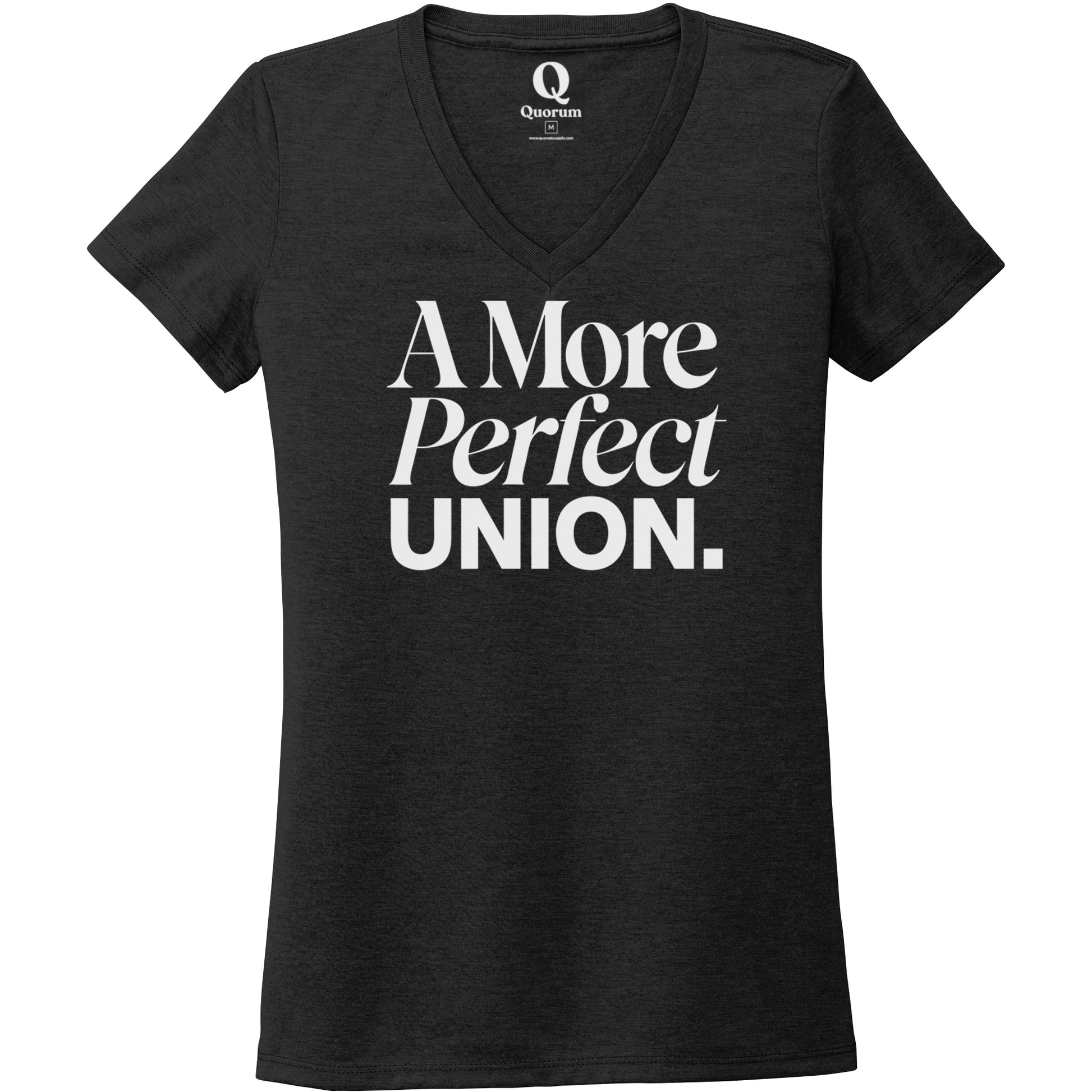 "A More Perfect Union." Quorum Women's Tri-Blend V-Neck editorial print in Space Black