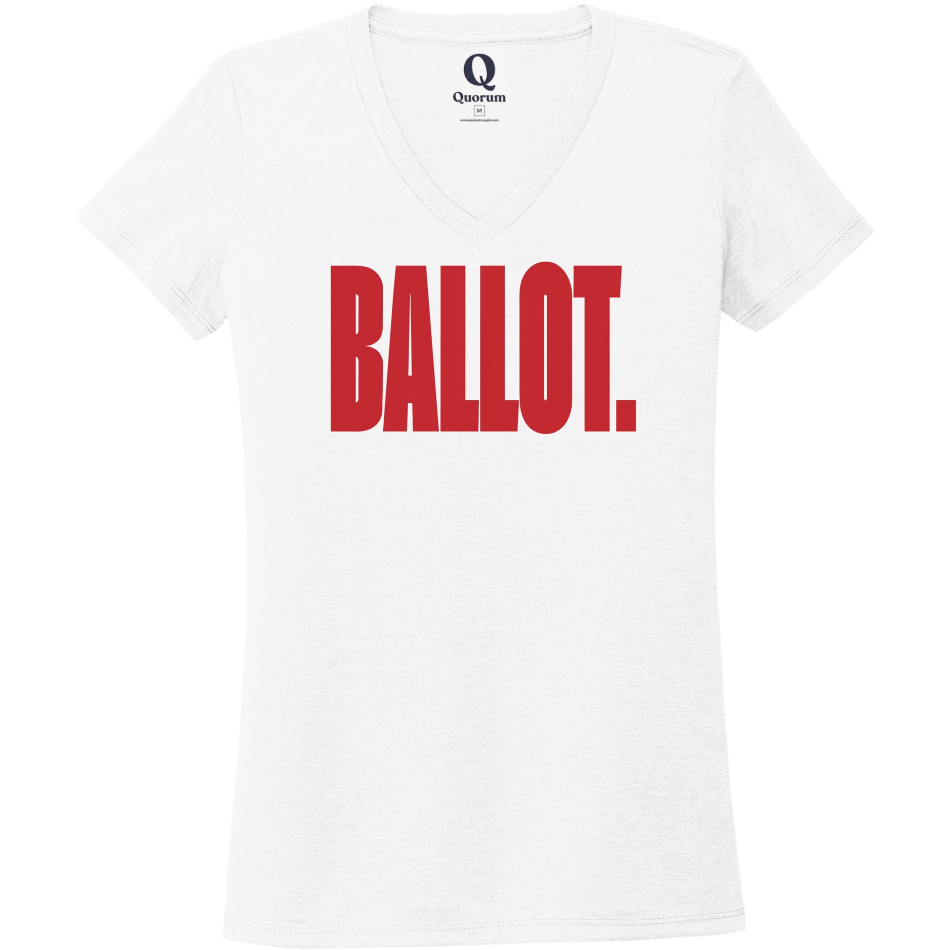 "Ballot." Quorum Women's Tri-Blend V-Neck front print in Bright White