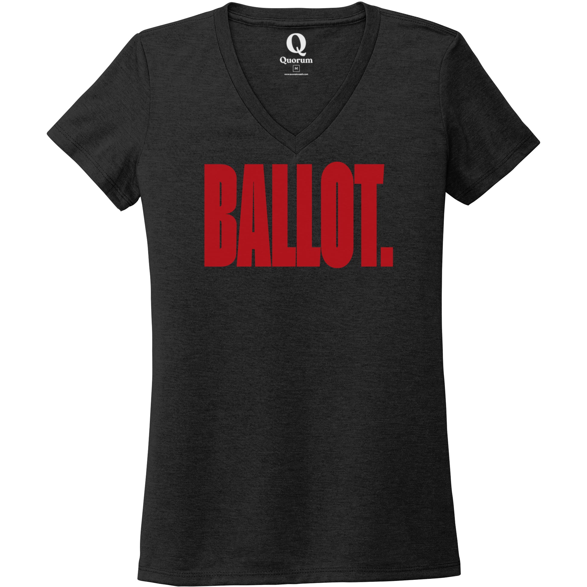 "Ballot." Quorum Women's Tri-Blend V-Neck front print in Space Black