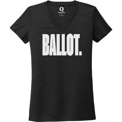 "Ballot." Quorum Women's Tri-Blend V-Neck editorial print in Space Black