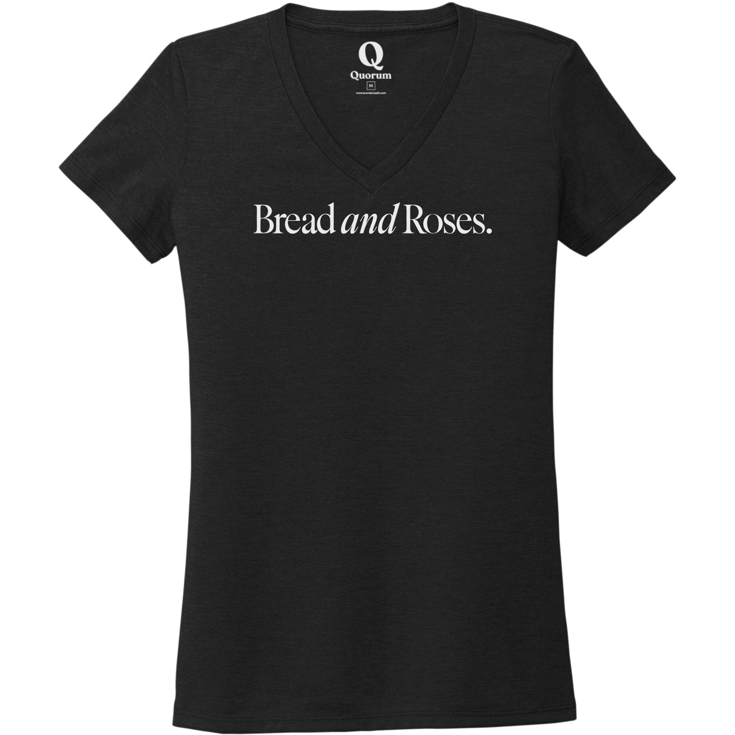 "Bread and Roses." Quorum Women's Tri-Blend V-Neck editorial print in Deep Black