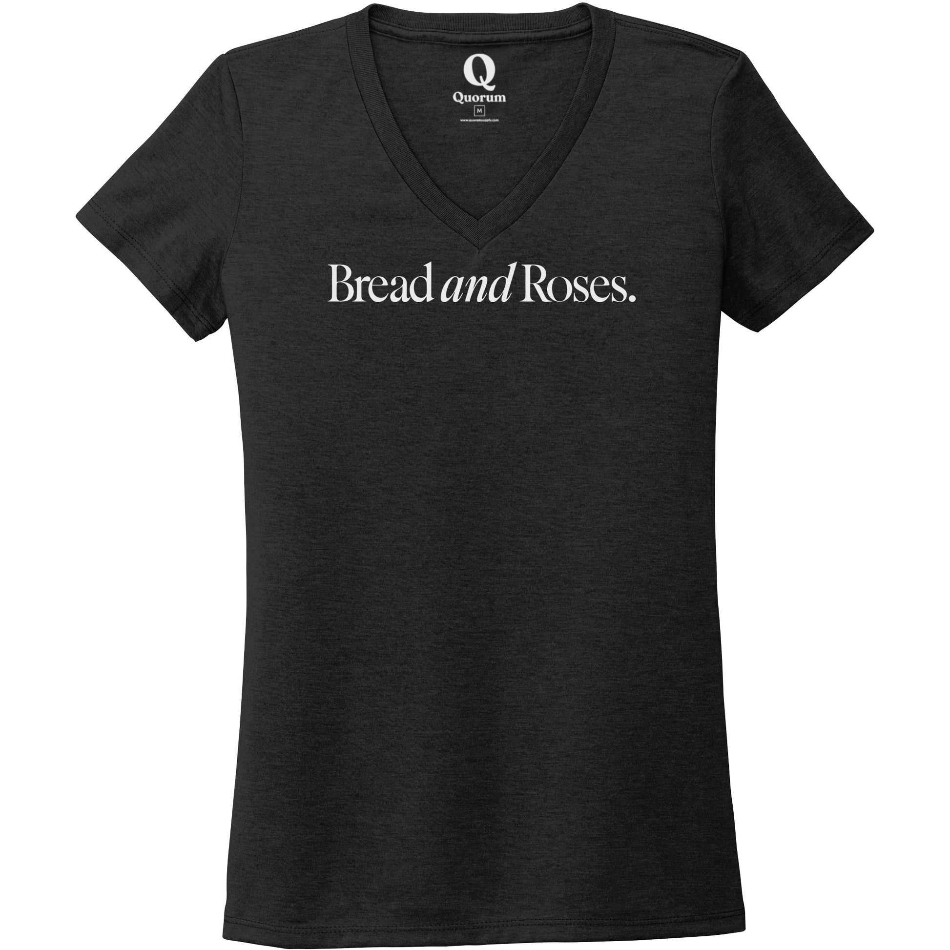 "Bread and Roses." Quorum Women's Tri-Blend V-Neck editorial print in Space Black