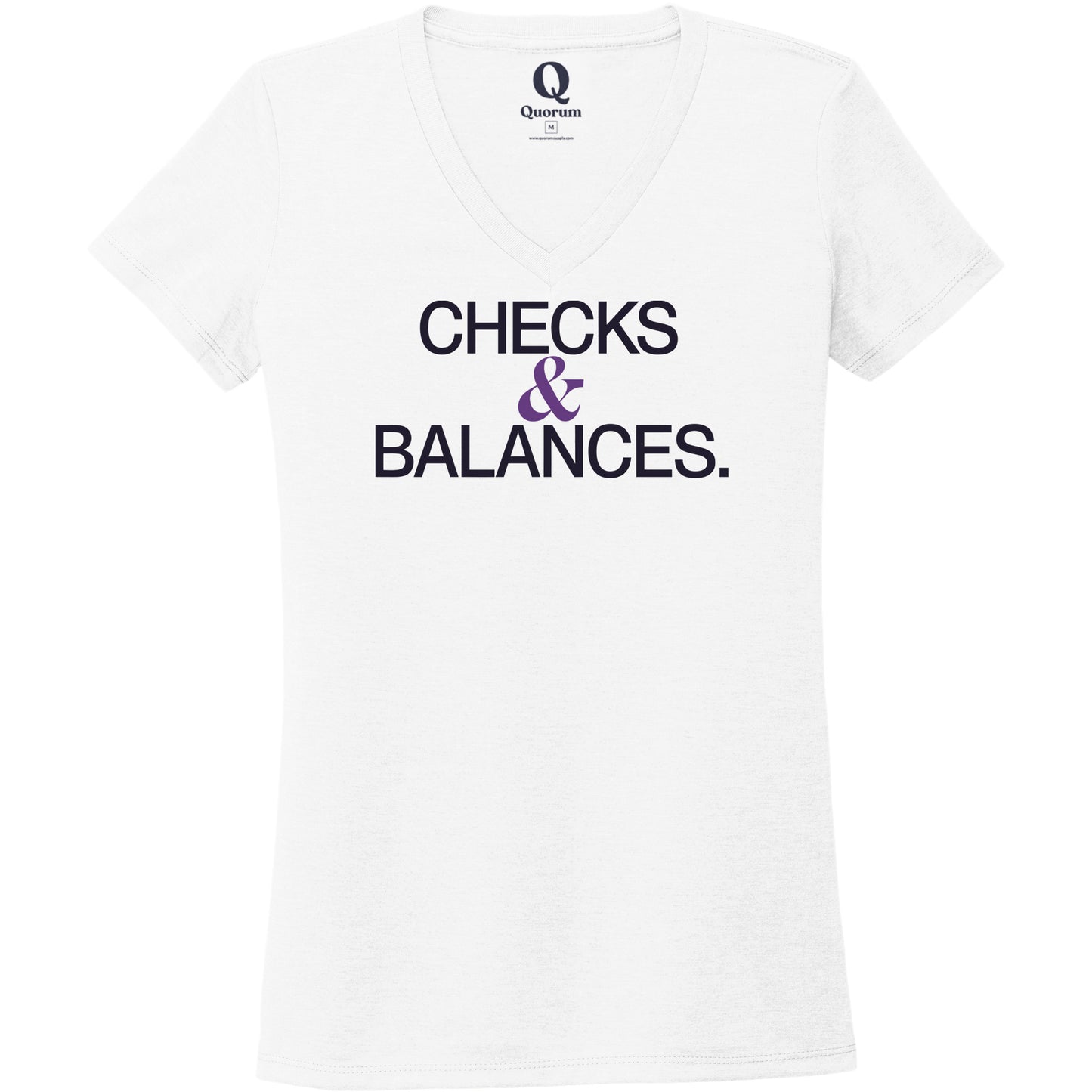 "Checks & Balances." Quorum Women's Tri-Blend V-Neck front print in Bright White