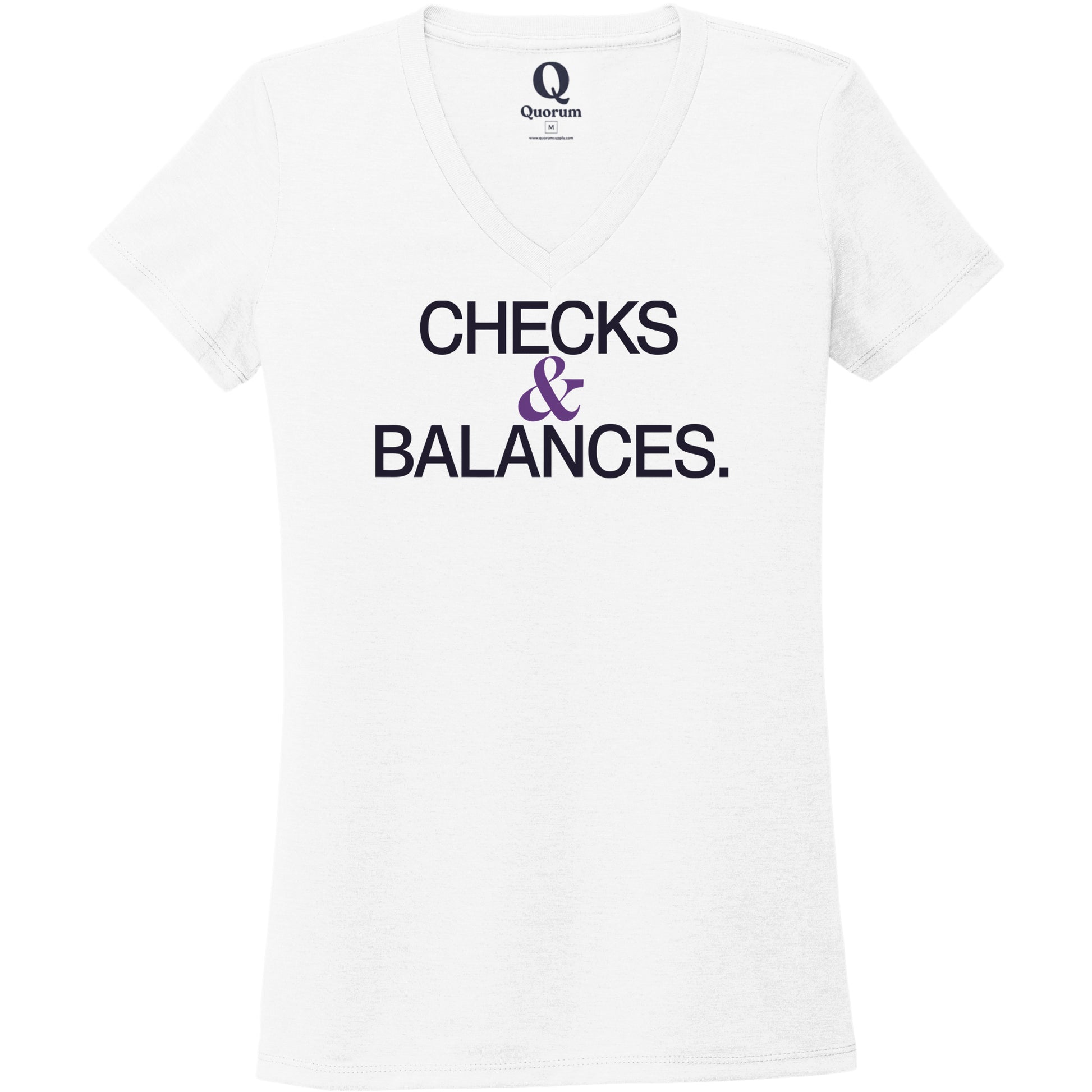 "Checks & Balances." Quorum Women's Tri-Blend V-Neck front print in Bright White