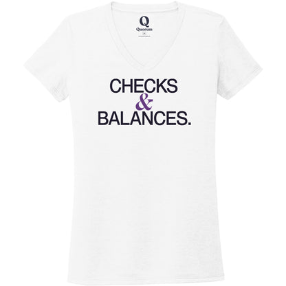 "Checks & Balances." Quorum Women's Tri-Blend V-Neck front print in Bright White
