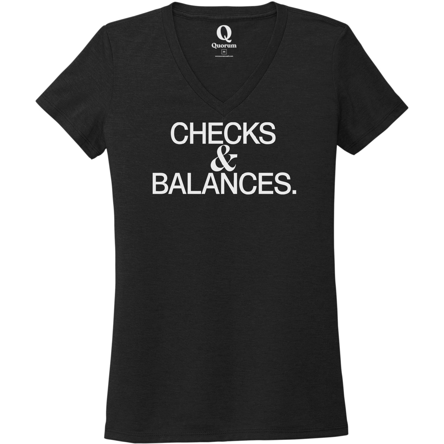 "Checks & Balances." Quorum Women's Tri-Blend V-Neck editorial print in Deep Black