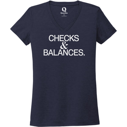 "Checks & Balances." Quorum Women's Tri-Blend V-Neck editorial print in Night Sky Navy