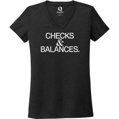 "Checks & Balances." Quorum Women's Tri-Blend V-Neck editorial print in Space Black