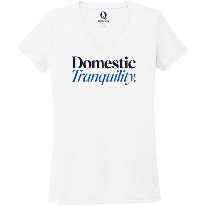 "Domestic Tranquility." Quorum Women's Tri-Blend V-Neck front print in Bright White