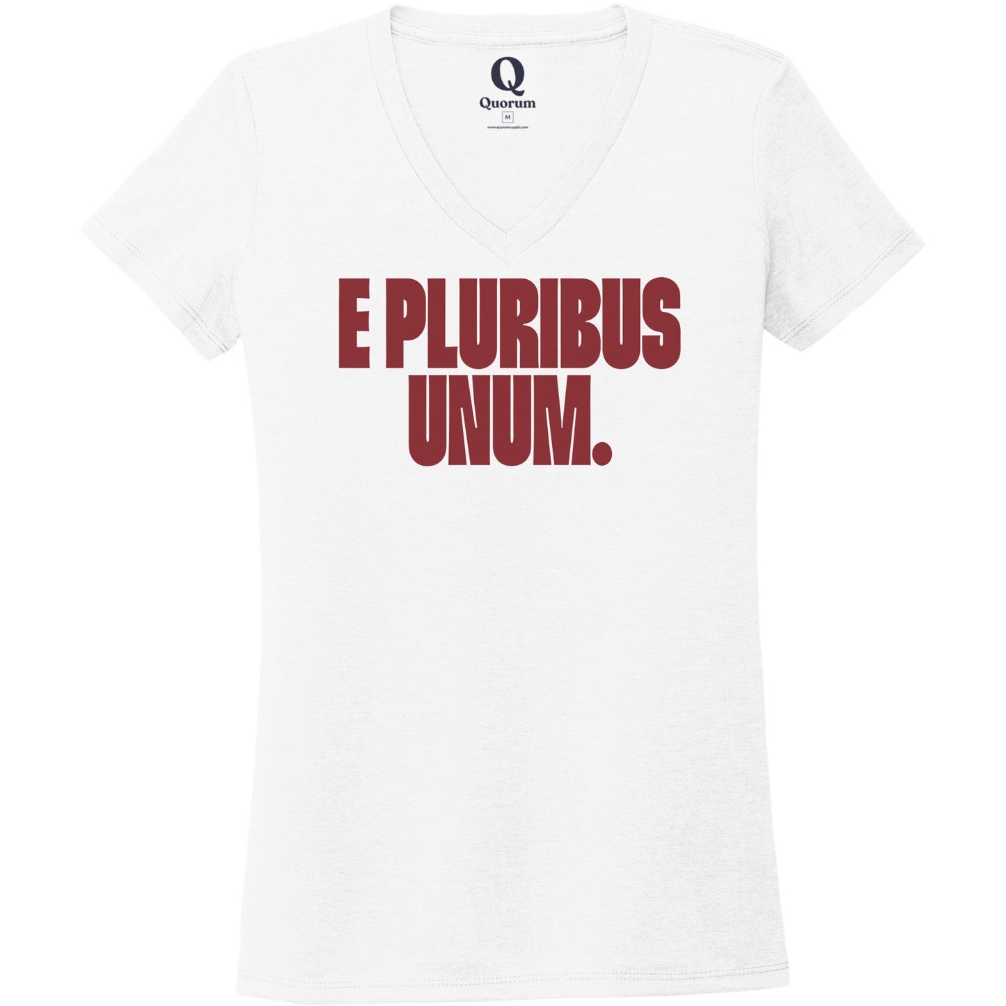 "E Pluribus Unum." Quorum Women's Tri-Blend V-Neck front print in Bright White