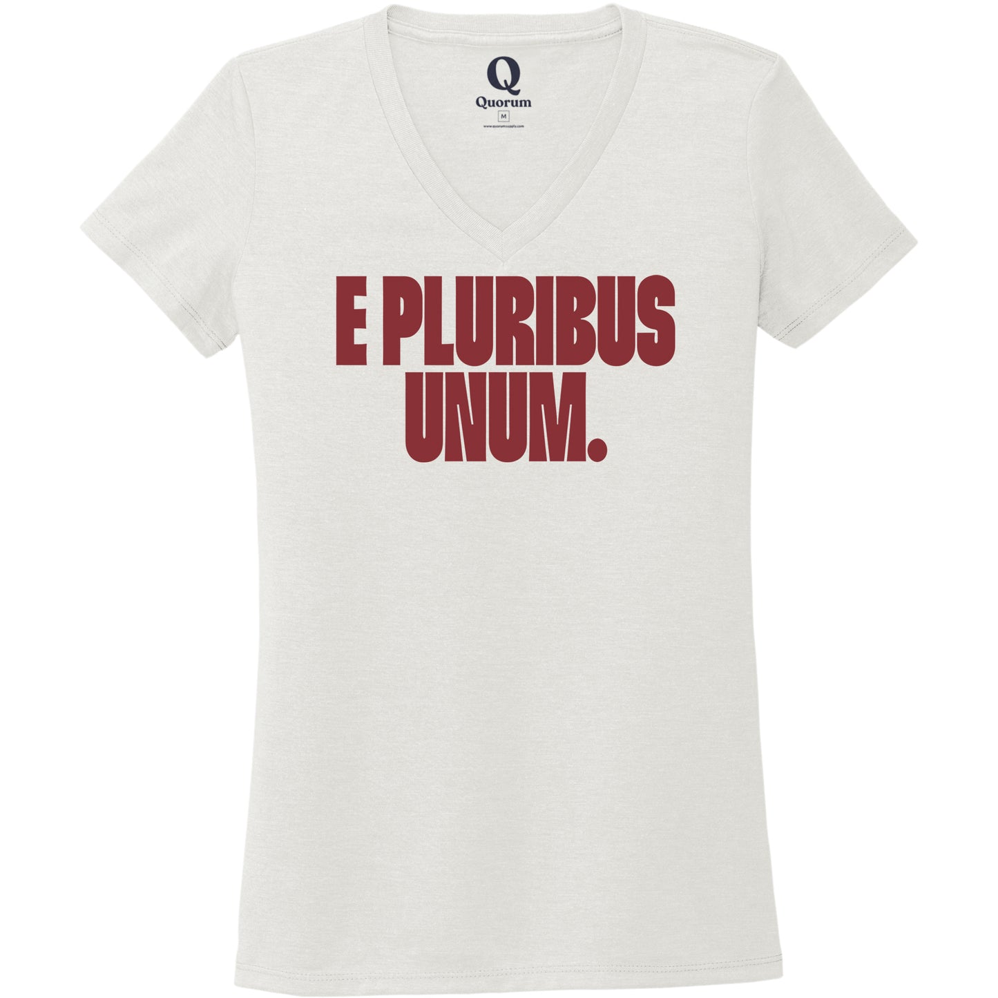 "E Pluribus Unum." Quorum Women's Tri-Blend V-Neck front print in Fairly White