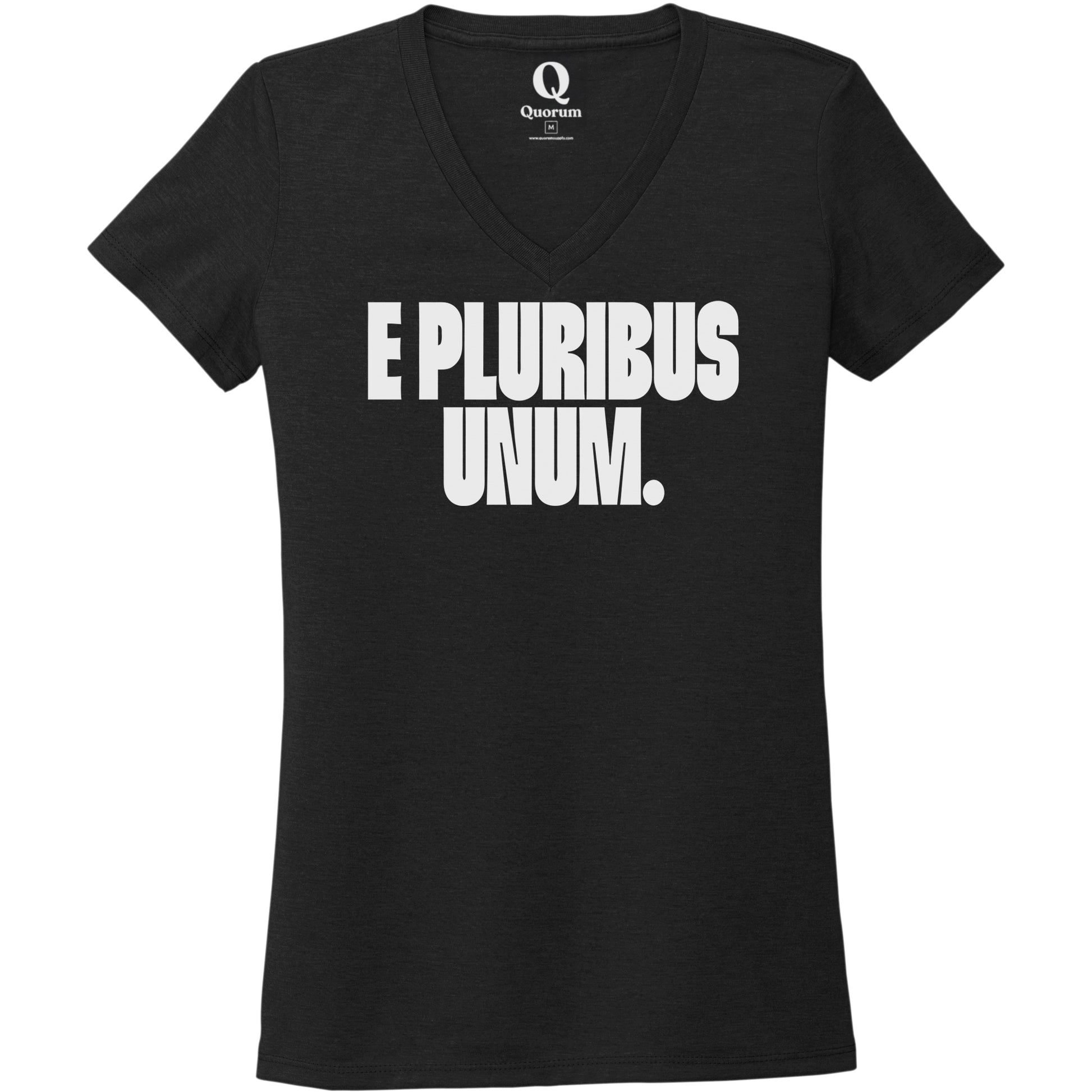 "E Pluribus Unum." Quorum Women's Tri-Blend V-Neck editorial print in Deep Black