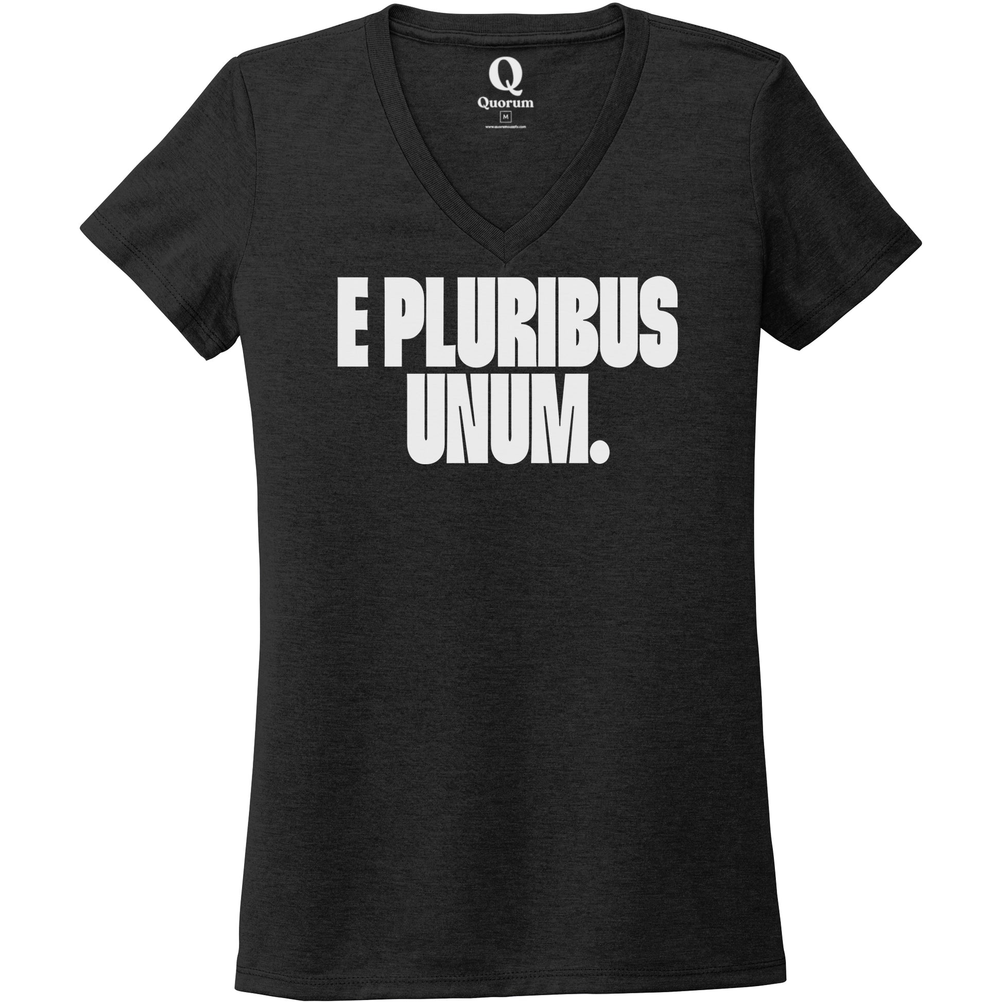 "E Pluribus Unum." Quorum Women's Tri-Blend V-Neck editorial print in Space Black